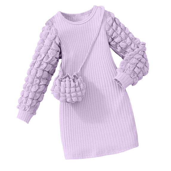 ATOGUTA Knit Dress For Girls Long Sleeve Kid Ribbed Knit Casual Dress Pullover Fall Winter Dress Purple, Size 3T-8