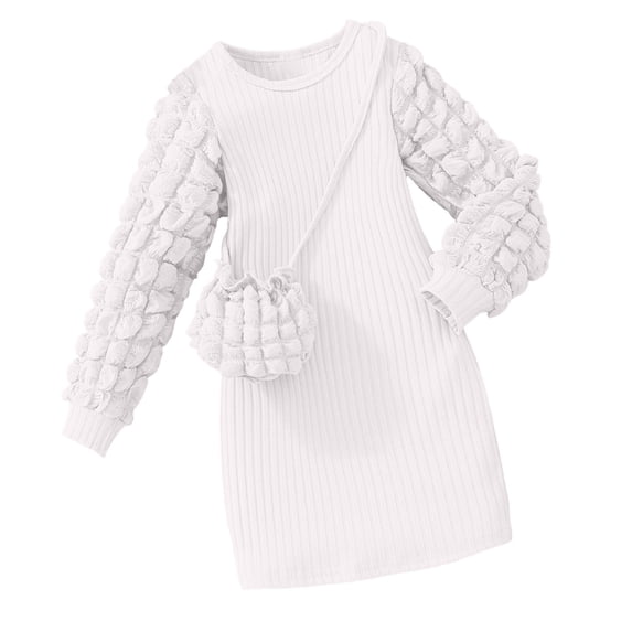 ATOGUTA Knit Dress For Girls Long Sleeve Kid Ribbed Knit Casual Dress Pullover Fall Winter Dress White, Size 3T-8