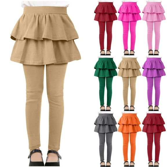 ATOGUTA Leggings with Skirt for Girls School Uniform Pants Ruffle Skirt Tutu Kids Pull On Warm Clothes Size 3T-14, Khaki
