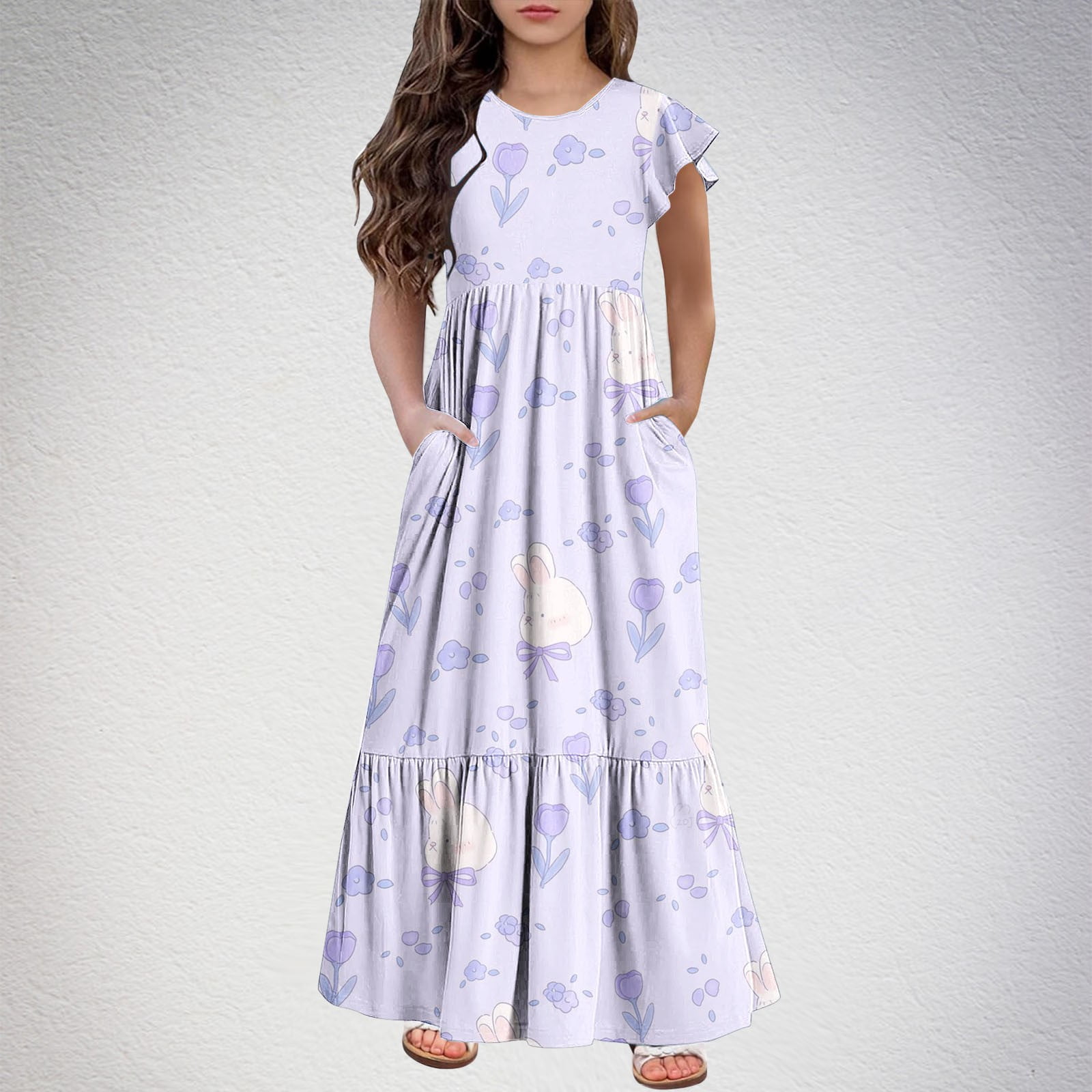 ATOGUTA Little Girl Dresses Ruffle Sleeve A Line Swing Wedding Party Maxi Dress with Pockets Blue Size 6 12 Walmart