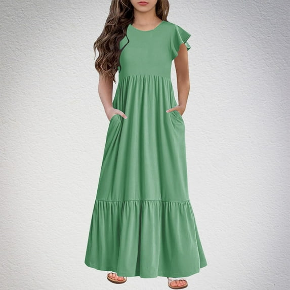 ATOGUTA Little Girl Dresses Ruffle Sleeve Ruched A-Line Long Wedding Party Green, Size 6-12