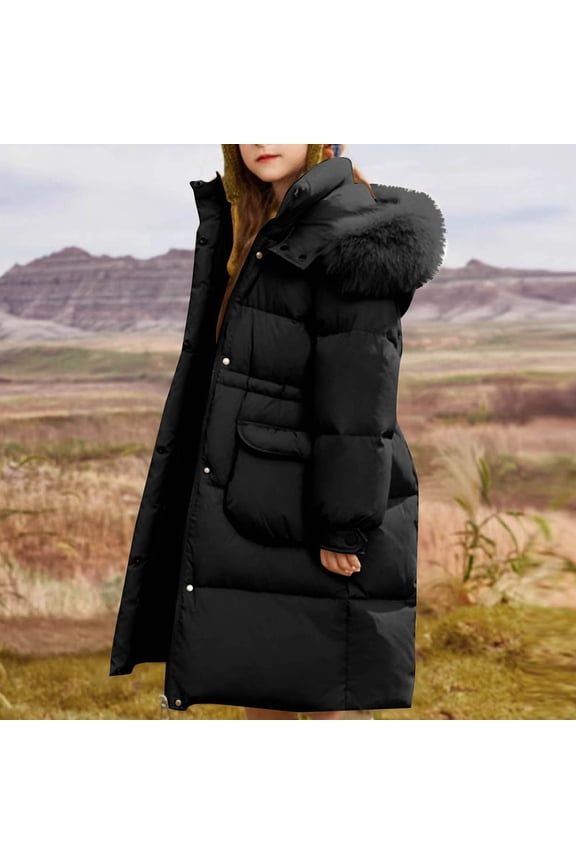 Little Girl Jacket Long Hooded Parka Lightweight Warm Puffer Outwear with Pocket Size 5T-16, Black