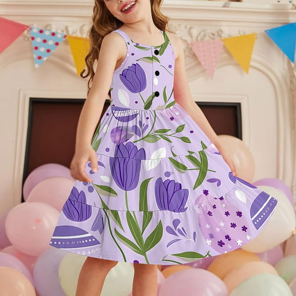 ATOGUTA Little Girls Dresses Sleeveless Tiered Midi Casual Sundress with Pockets Multicolor, Size 2-12 Years