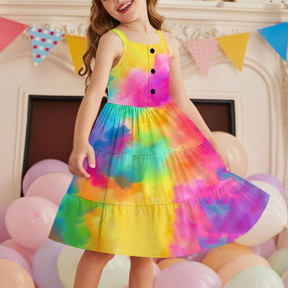 ATOGUTA Little Girls Dresses Sleeveless Tiered Midi Casual Sundress with Pockets Multicolor, Size 2-12 Years