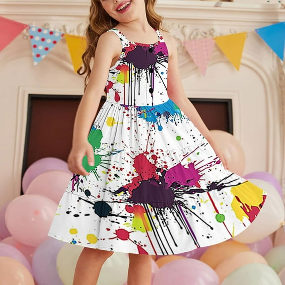 ATOGUTA Little Girls Summer Dresses Sleeveless Casual Flowy Tiered Dress with Pockets Multicolor, Size 2-12 Years