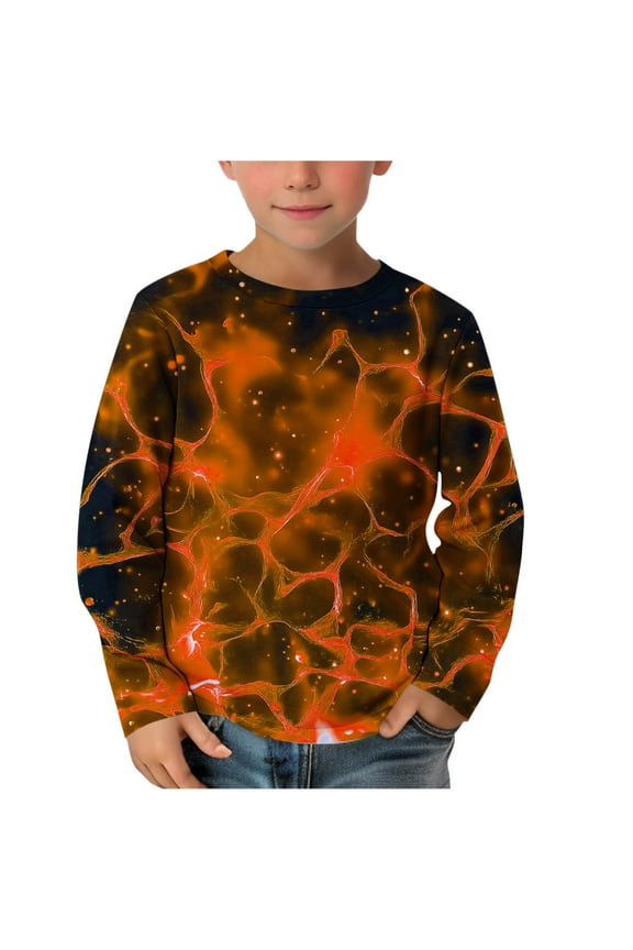 Long Sleeve Uniform Shirts for Boys Long Sleeve T-Shirts Crew Neck Tops Cotton Summer Uniform Clothes Orange, 3-14 Years