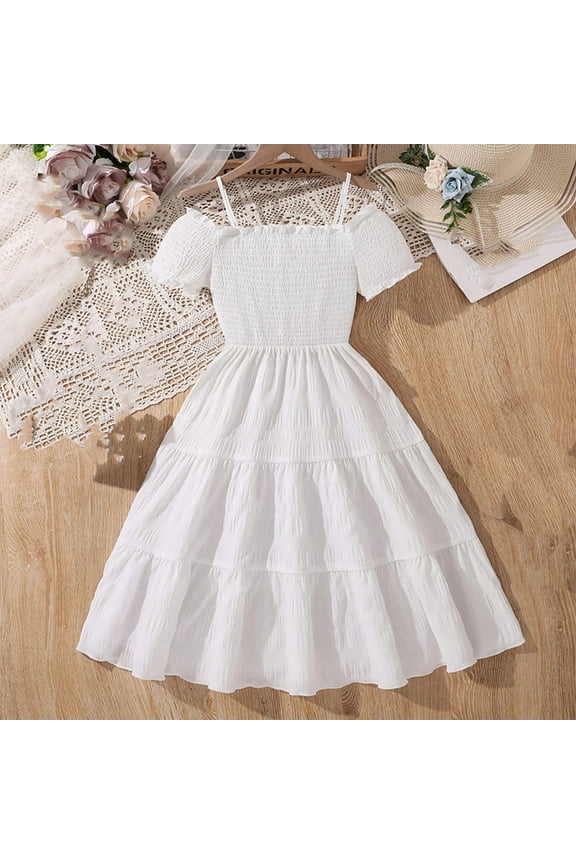 Luau Girls Dress Short Sleeve A-line Summer Holiday Birthday Formal Midi Dresses White, Size 8-13 Years