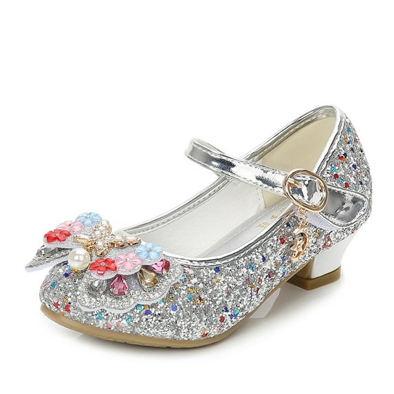ATOGUTA Mary Jane Shoes for Little Girls Silver Kids Party Wedding Shoes with Bowknot Back to School Princess Shoe
