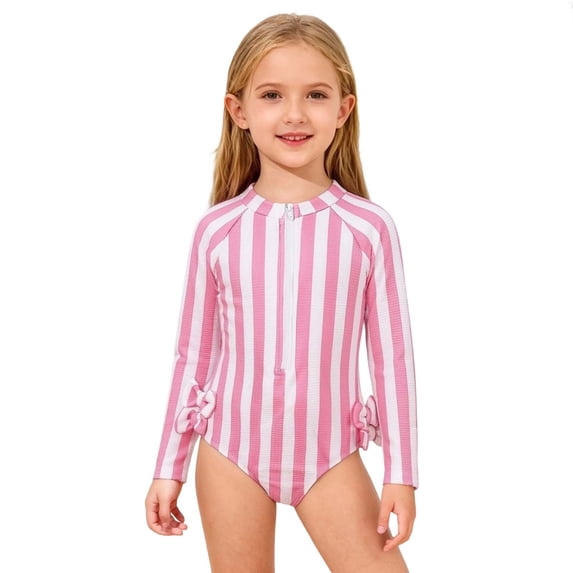 ATOGUTA One Piece Swimsuits for Girls Long Sleeve Rash Guard Swim Set Hawaiian Beach Bathing Suits Size 4T-8, Pink