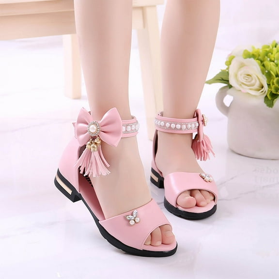 ATOGUTA Open Toe Sandals for Girls Pink High Heel Strappy Open Toe Ankle Strap Dress Shoes for Little Big Kids in Wedding Party