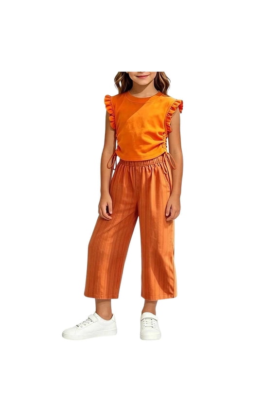 Outfits For Girls Ruffle Sleeveless Tank Tops and Printed Pants 2 Piece Outfits Activewear Sets Size 1T-10, Orange