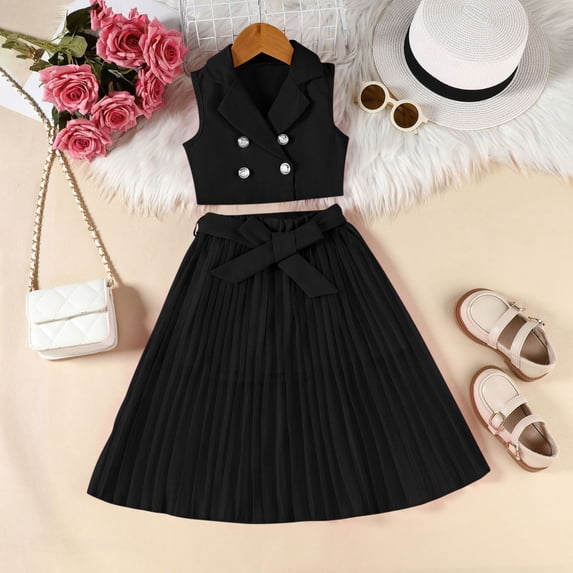ATOGUTA Outfits for Girls 2 Piece Sleeveless Vest and Pleated Skirt Girls Fashion Set Size 2T-8, Black
