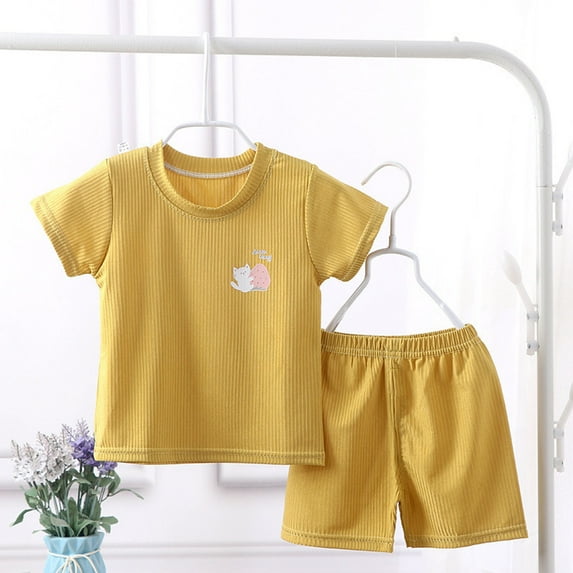 ATOGUTA Outfits for Girls Soft Short Sleeve T-Shirt Shorts 2-Piece Set Yellow, Size 4M-3T