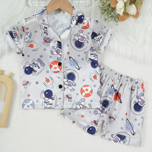 ATOGUTA Set for Boys Girls 1T-8 Cute Graphic Button Down Short Sleeve Shirts And Shorts Outfits Stain Homewear Gray