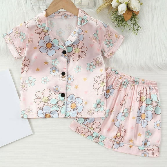 ATOGUTA Pajama Set for Girls 1T-8 Short Sleeve Kids Pjs Button Down Sleepwea Pink