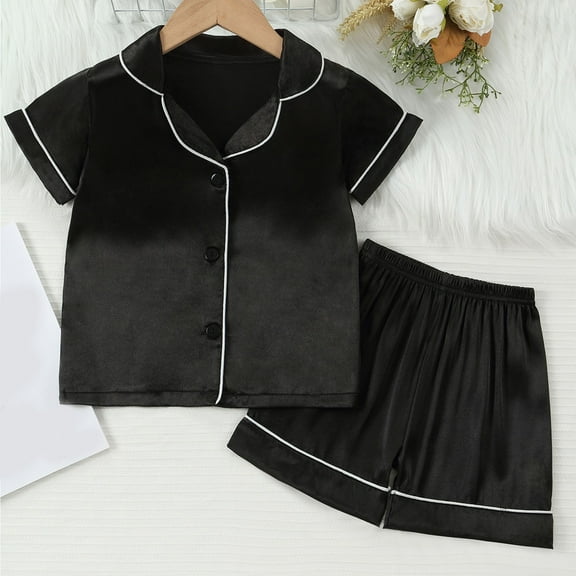 ATOGUTA Pajamas Outfits Set for Kids 1T-8 Casual Button Down Short Sleeve Shirts And Shorts Outfits Stain Homewear Black