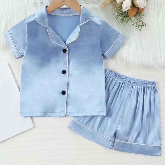 ATOGUTA Outfits Set for Kids 1T-8 Casual Button Down Short Sleeve Shirts And Shorts Outfits Stain Homewear Blue