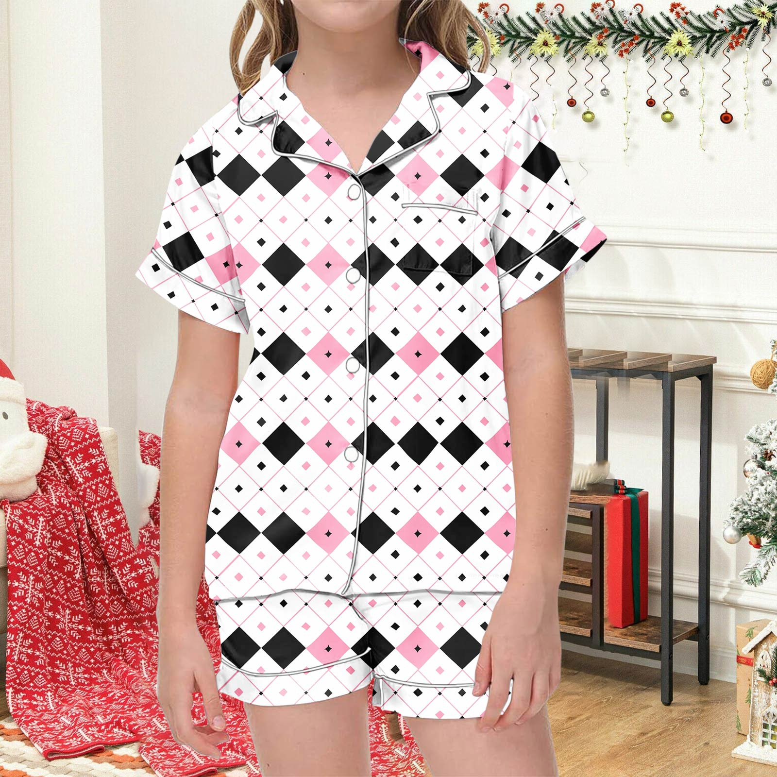 Girls' Cute Monkey Pajama Set – 2-Piece Button-Down Shorts & Top, Y2K Style, Sizes 4-14
