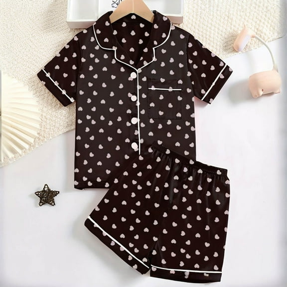 ATOGUTA Pajamas Outfits Set for Teen Girl Size 8-12 Short Sleeve Sleepwear Button-Down 2 Pcs Pjs Set Black