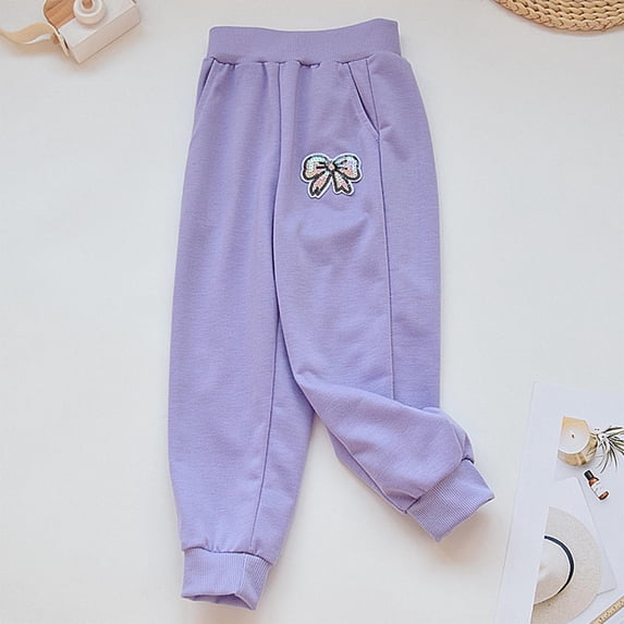 ATOGUTA Pants for Girls Elastic Waisted Sweatpants Straight Leg Workout Jogger Pants Purple, Size 1T-7