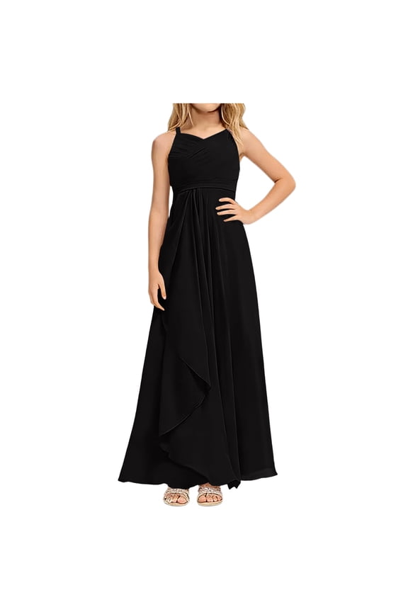 Party Dresses for Girls Flowy Long Tween Formal Dress for Wedding Birthday Party Dance Gown Size 1T-15, Black