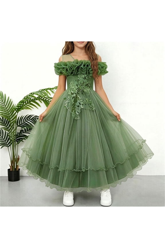 Party Dresses for Girls Green Sleeveless Tulle Long Formal Wedding Pageant Party Fancy Princess Ball Gown Dresses 7-13
