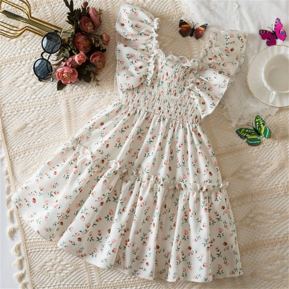 ATOGUTA Party Dresses for Girls Ruffle Sleeves Casual Clothes Cute Playwear Dresses White, Size 3T-8