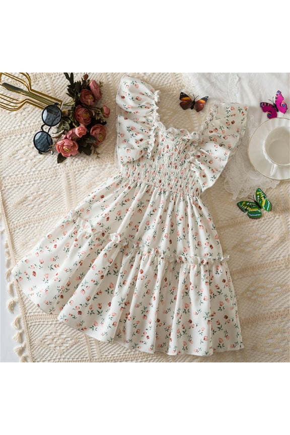 Party Dresses for Girls Ruffle Sleeves Casual Clothes Cute Playwear Dresses White, Size 3T-8