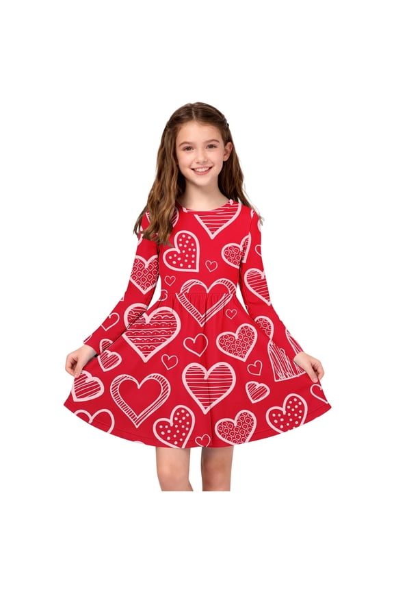 Princess Dresses Girls Valentines Long Sleeve T-Shirt Dresses Kids Spring A-Line Twirly Skater Dresses Size 4T-14, Red