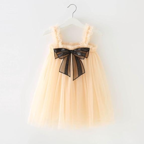 ATOGUTA Princess Dresses for Girls Cute Summer Mesh Print Bow Beige Cami Dress, Sizes 6M-5T