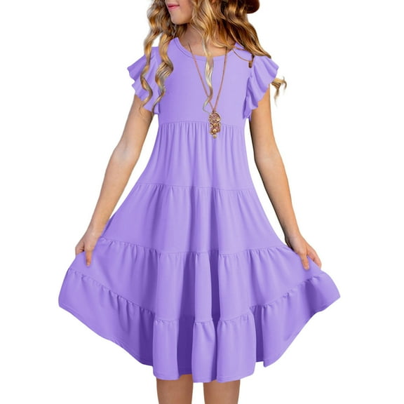 ATOGUTA Princess Dresses for Girls Short Sleeve Ruffled Pockets Flower Girl Dresses Toddler Purple, Size 6M-15