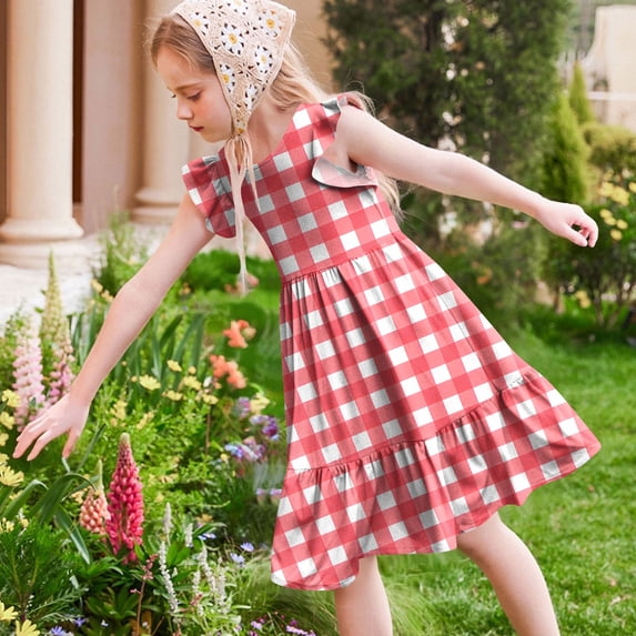 ATOGUTA Princess Dresses for Girls Summer Ruffle Sleeve A Line Casual Party Dresses for Kids Size 5T-14, Red