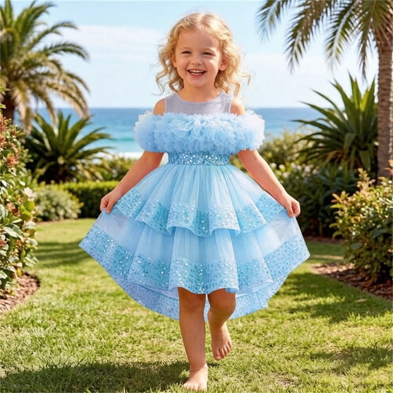 ATOGUTA Prom Dresses for Teens Sky Blue Sleeveless Tulle Formal Wedding Pageant Party Fancy Princess Ball Gown Dresses 6M-4T