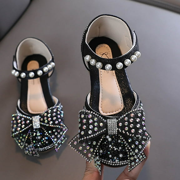 ATOGUTA Prom Shoes for Teen Girls Black Rhinestone Princess Ballet Flats Slip-On Dress Shoes for School, Wedding, Party