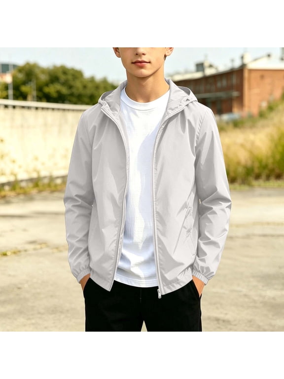 Rain Jacket for Boys Outdoor Hiking Sport Coat Kid Zip up Windproof Hooded Lightweight Windbreaker Size 12-20, White
