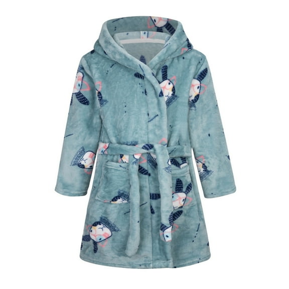 ATOGUTA Robes for Kids Fleece Hooded Robes Soft Sleepwear Cute Print Housecoat Gown with Pockets Blue, Size 2T-12