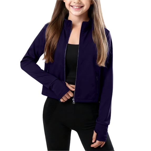 ATOGUTA Running Jacket for Girls Zipper Long Sleeves Stand Collar Fitness Yoga Campus Jacket Casual Sports Sweatshirt Top Coat Size 3T-15, Navy
