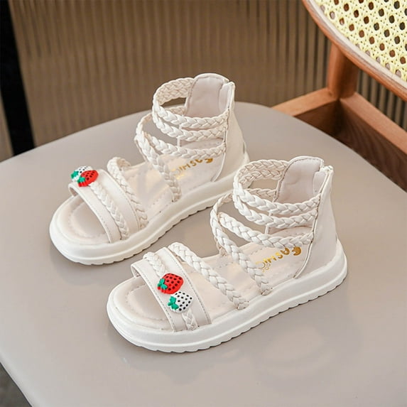 ATOGUTA Sandals for Little Girls Beige Strappy Open Toe Outdoor Flats with Zipper Kid Summer Shoes for Girls