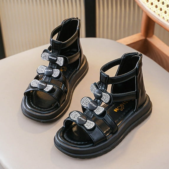 ATOGUTA Sandals for Teen Girls Black Strappy Open Toe Outdoor Flats with Zipper Kid Summer Shoes for Girls