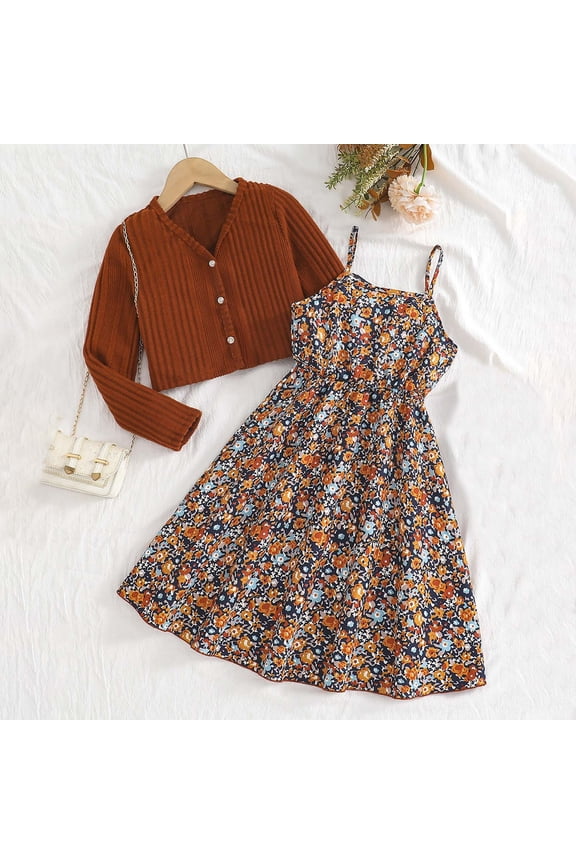School Outfits for Girls 2 Pieces Floral Cami Skirts Dress and Button Down Long Sleeve Jacket Sets Size 5T-14, Coffee