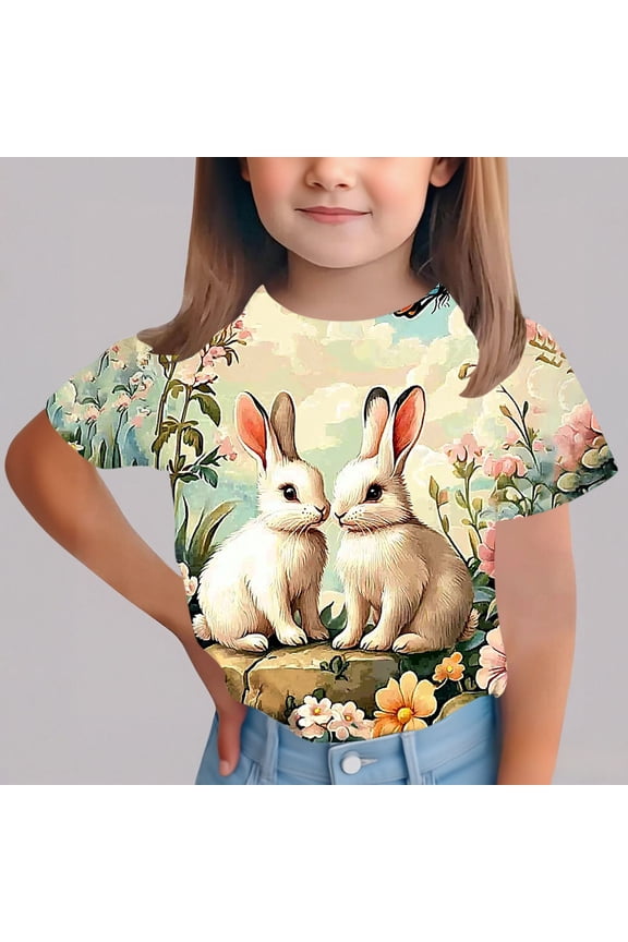 School Shirt Girls Short Sleeve Loose Cute Summer T Shirt Easter Day Trendy Baggy Tops Khaki, Size 3T-15