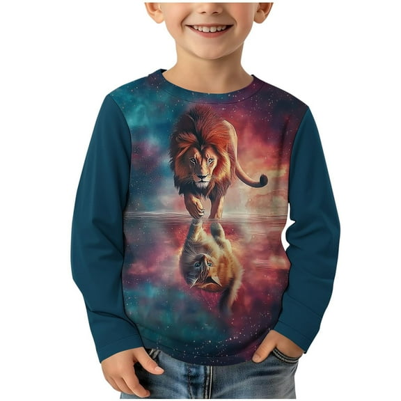 ATOGUTA School Shirts for Boys Long Sleeve Tee Tops Casual Graphic Clothes Crew Neck Shirts Blue, 3-14 Years