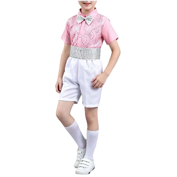 ATOGUTA School Suits For Boys Kids Tuxedo for Wedding Outfit Lightweight Button Down Shirts and Suspender Pants Set with Tie Size 3T-20, Pink