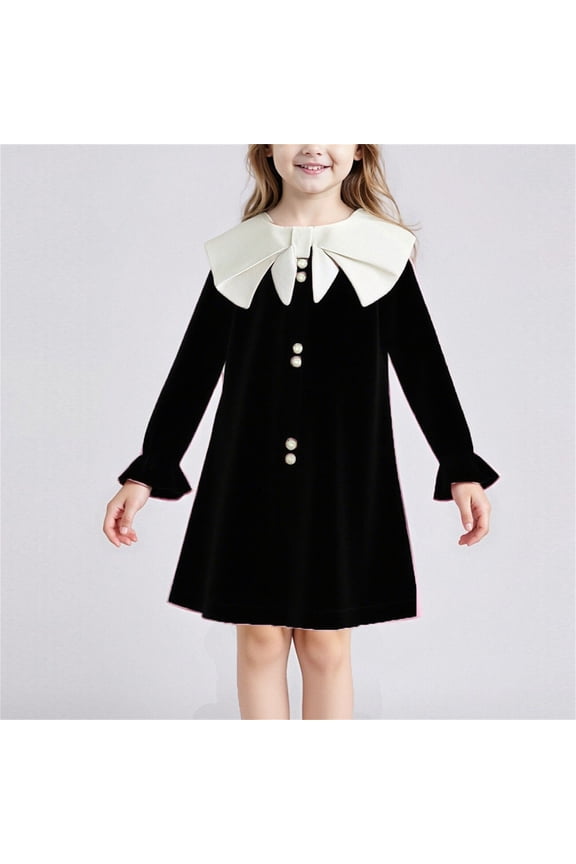 School Uniform Girls Dress Kids Long Sleeve Party Birthday Prom Formal Fancy Midi Dress Size 2T-10, Black