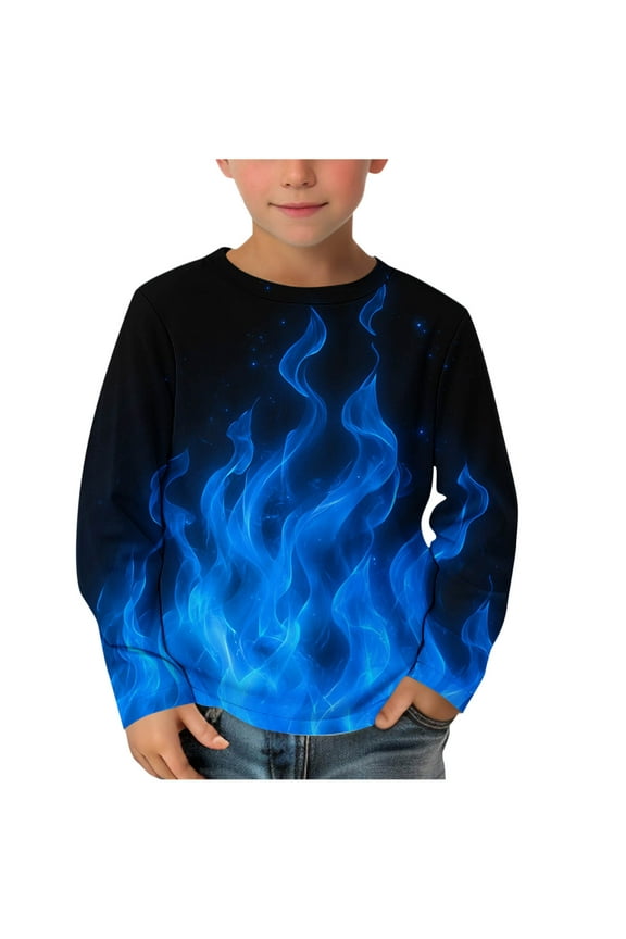 School Uniform Shirts for Boys Long Sleeve T-Shirts Crew Neck Tops Cotton Summer Uniform Clothes Blue, 3-14 Years