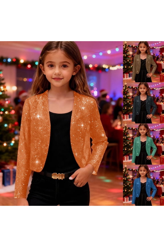 Sequin Jacket For Girls Kids Sequin Long Sleeved Casual Jacket Shawl Cardigan Coat Size 4T-14 Orange