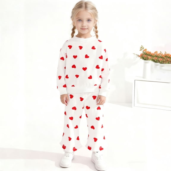 ATOGUTA Set Girls Valentine's Day Tops Flare Pants Sweatshirts and Sweatpants Kids Tracksuits Size 6M-8, White