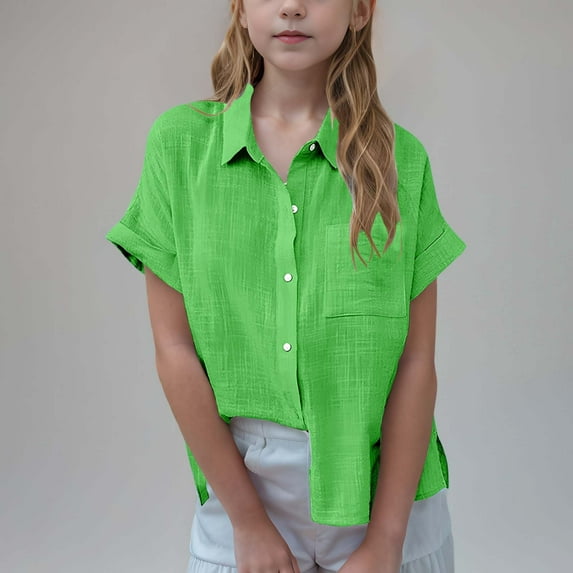 ATOGUTA Shirt Girls 3T-14 Button Down Shirt Casual Cute Summer Blouse Tops Green