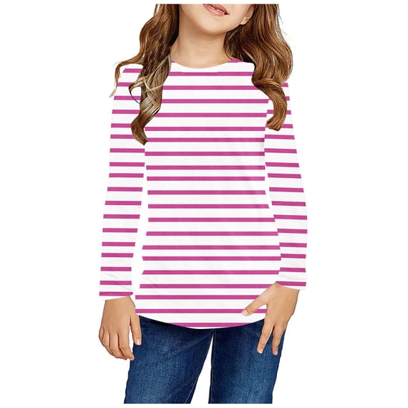 ATOGUTA Shirt for Girls Pink Long Sleeve Shirts Soft Crewneck Long-Sleeve T-Shirts Striped Tees Size 3T-14