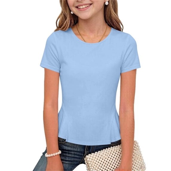 ATOGUTA Shirts For Teens Short Sleeve Tshirts Crewneck Cute Summer Casual Basic Tops for Kids Teen Size 3T-15, Sky Blue